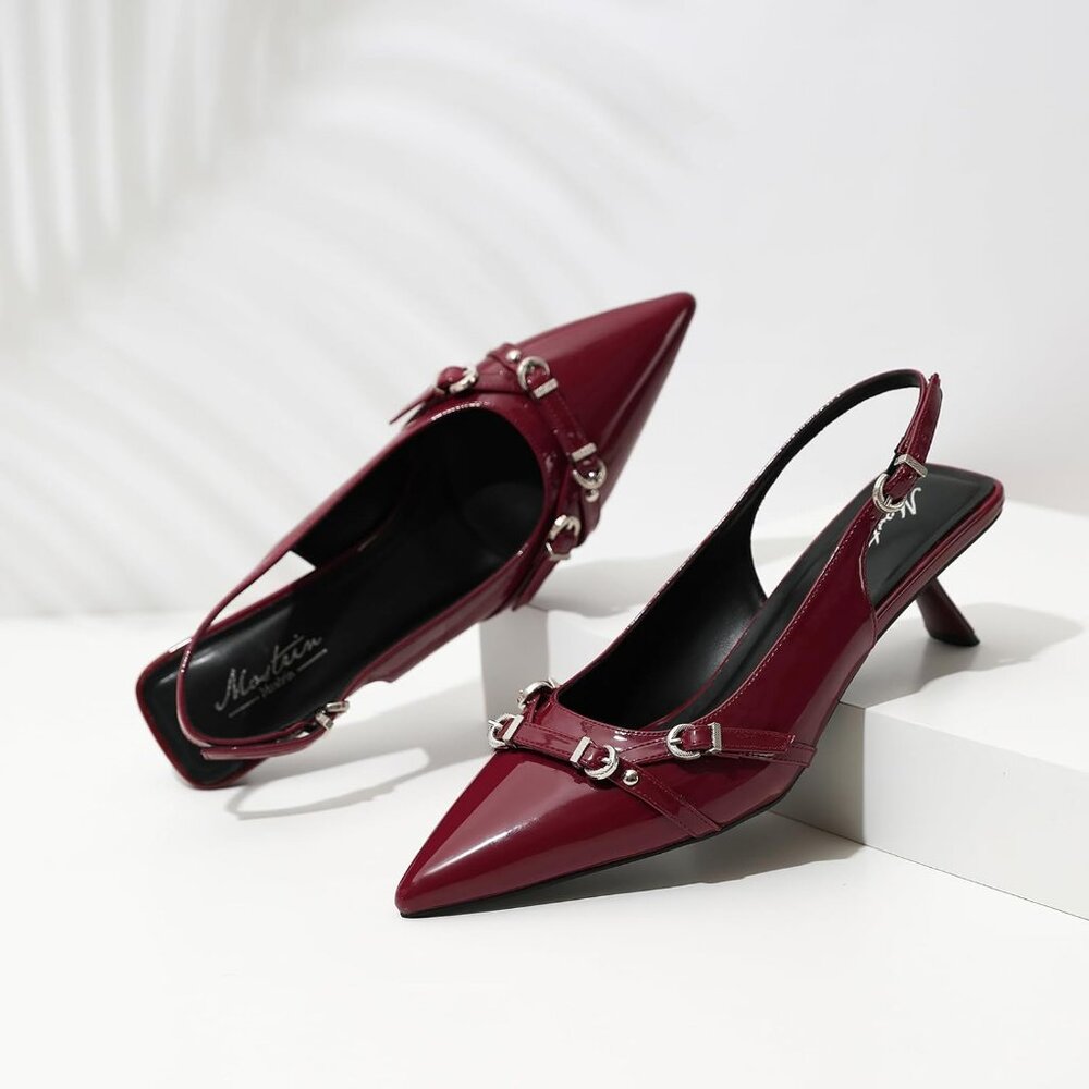 Kitten Heels for Women Pointed Toe Pumps Leather Low Heel Dating Party Working - Picture 7 of 8